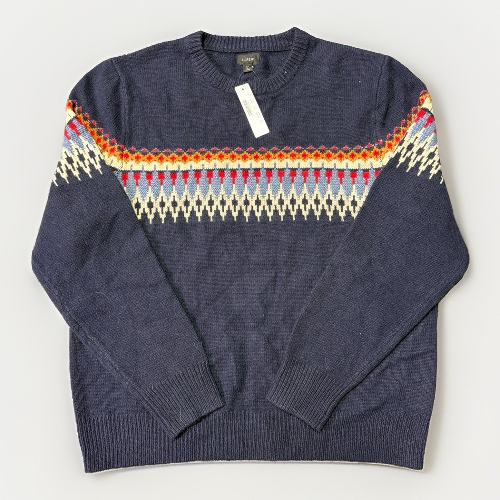 J. Crew Wool Blend Fair Isle Navy Crewneck Pullover Sweater Men's XL NEW NWT
